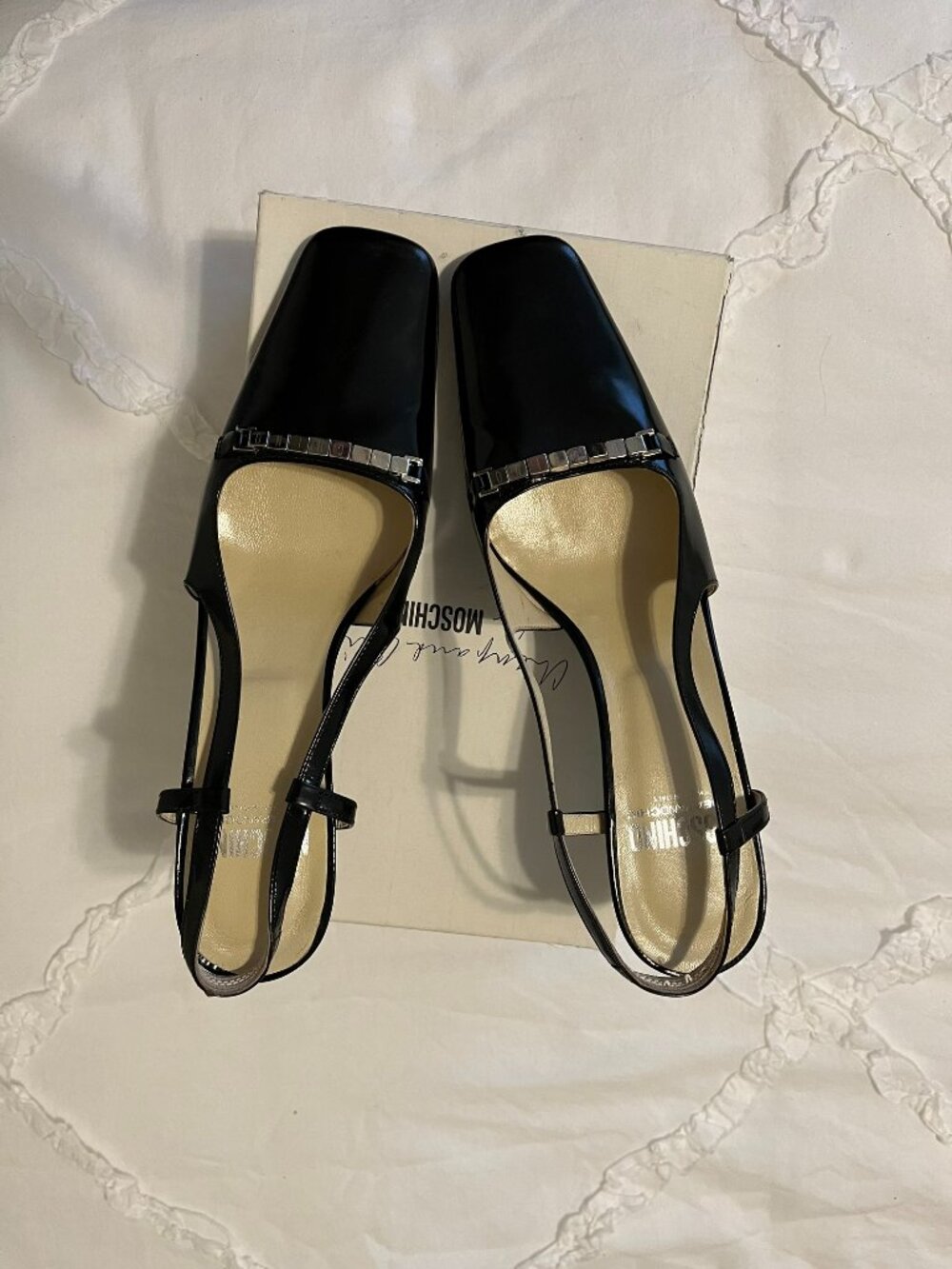 Moschino Cheap and Chic Black Leather Slingback with Logo Hardware | Size 39.5